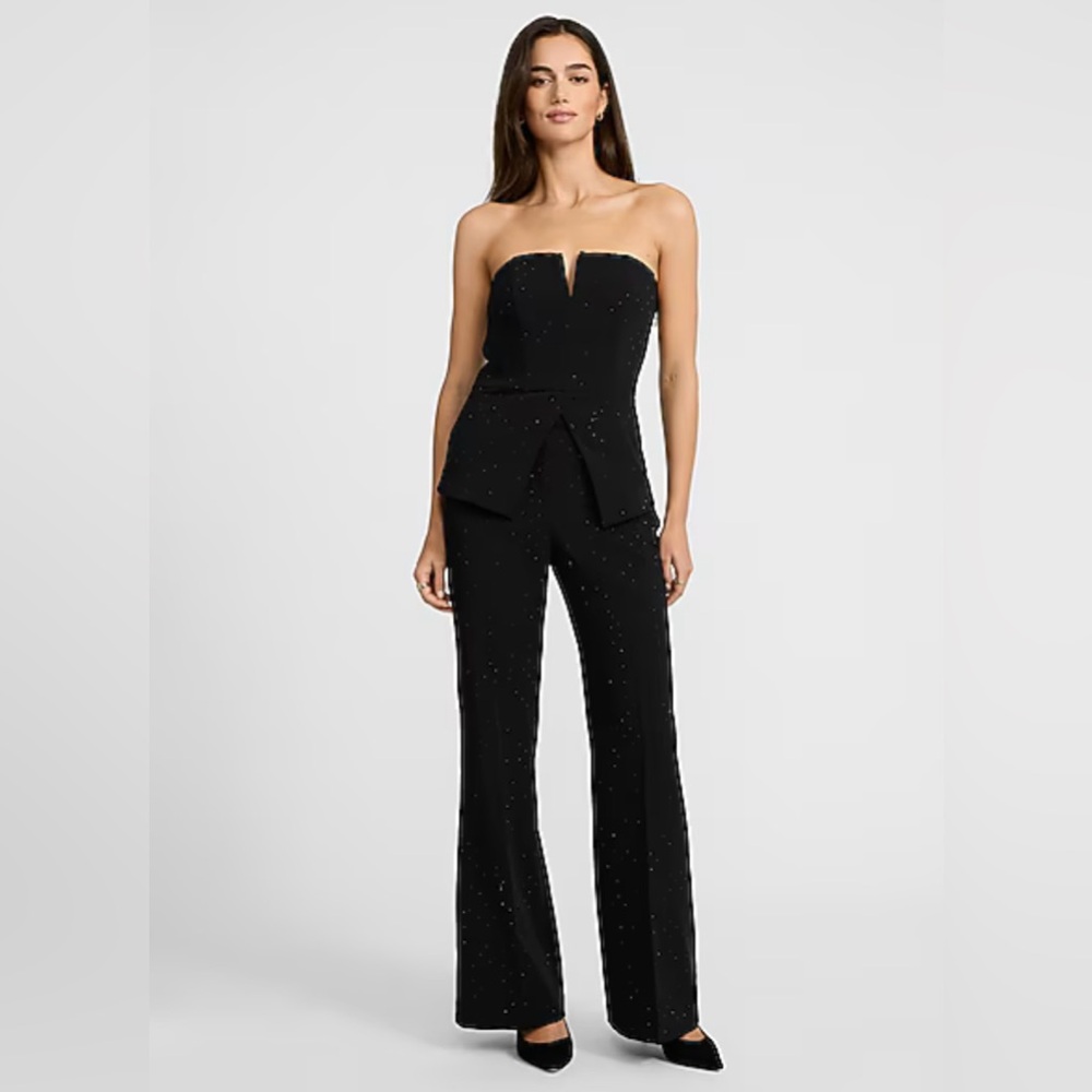Express Editor Rhinestone Peplum Top & High-Waisted Flare Pants Black Size 0/XS
